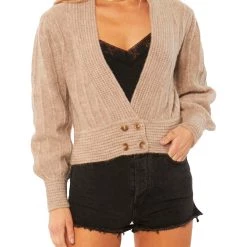 Amuse Society Sonny Womens Knit Ribbed Trim Cardigan Sweater